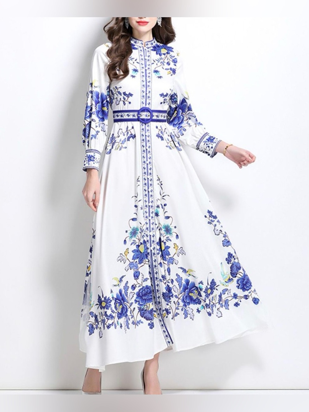 HALFHEART Floral Maxi Shirt Dress Matching Belt Sz M/L White Blue Mandarin